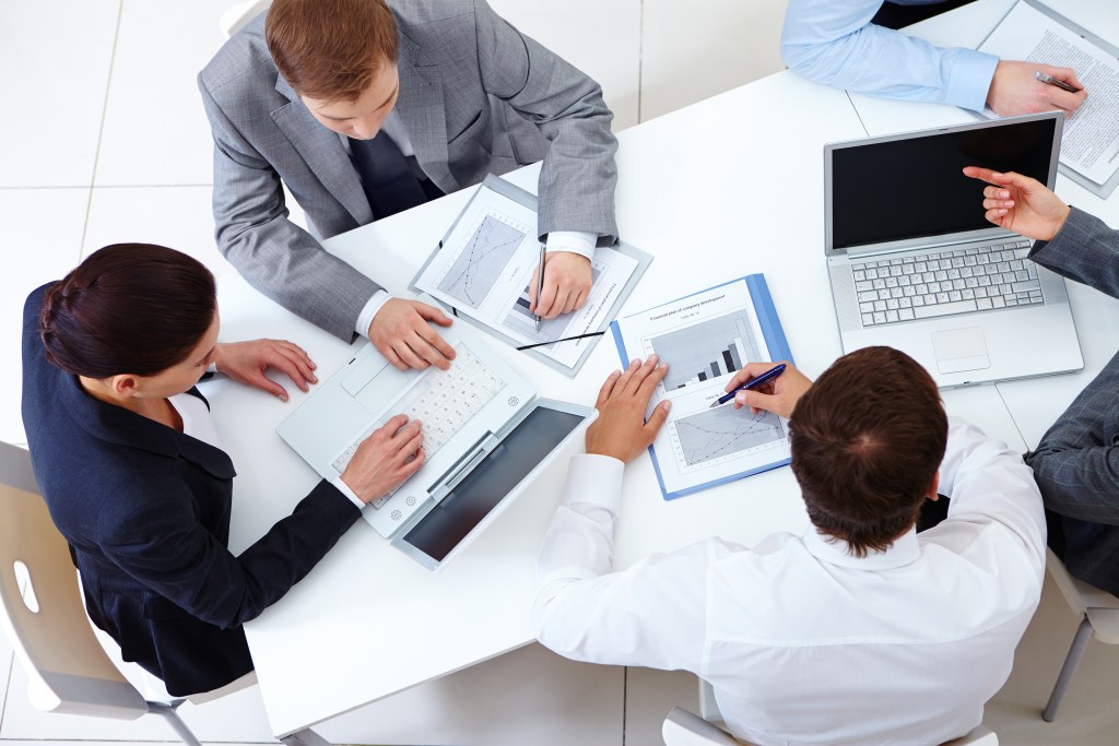 Business team collaborating around a table